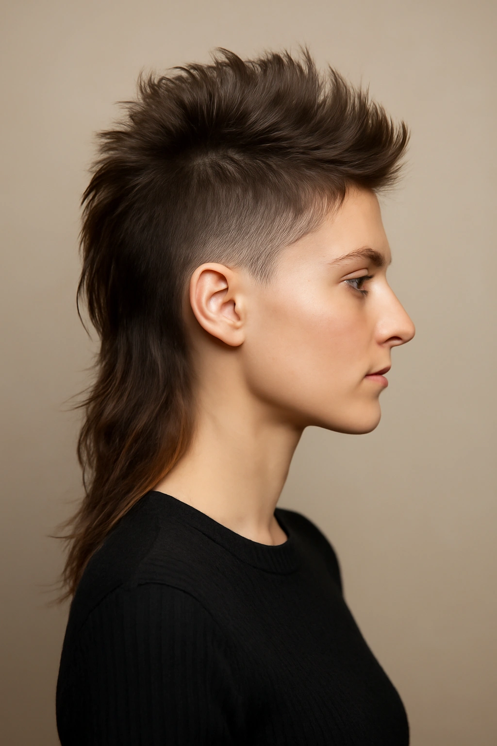 25 Mullet Haircuts for Women You'll Actually Love 24 Mohawk mullet fusion with raised center stripe and tapered sides in studio portrait