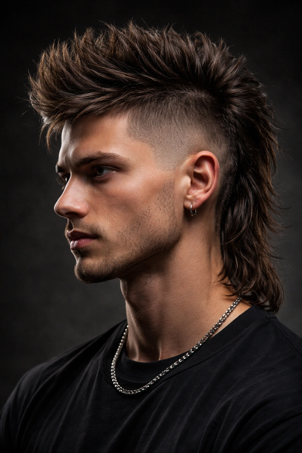 Close-up portrait of Mohawk Mullet with shaved sides and central spiked strip