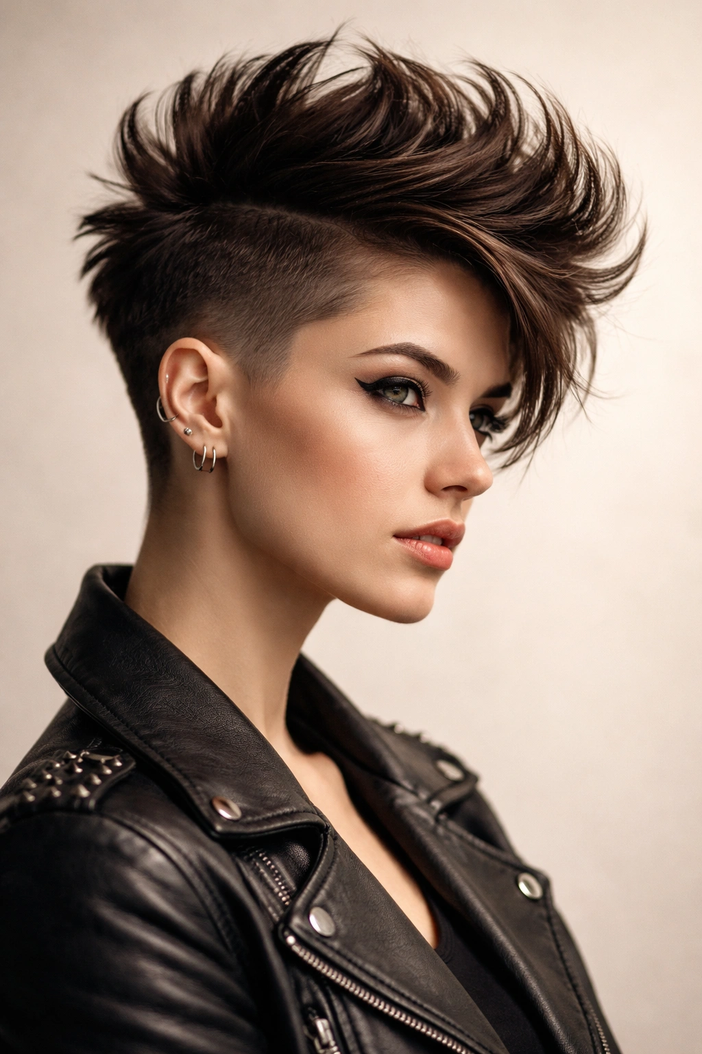 10 Edgy Pixie Cuts For Women Who Want Bold Hair 8 Portrait of a model with very short sides and a tall, voluminous top mohawk pixie