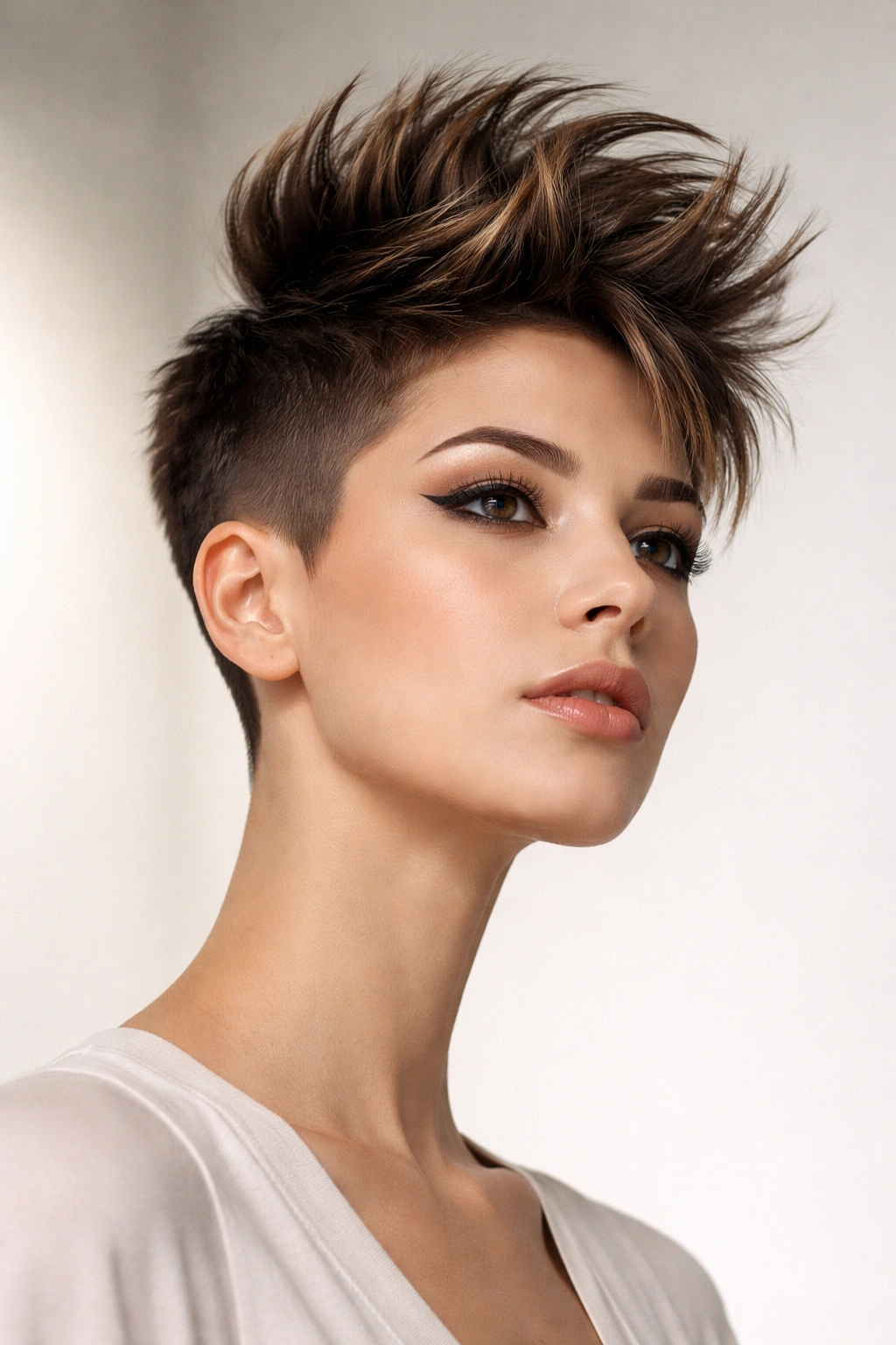 Portrait of a person with a Mohawk-inspired pixie featuring a long center stripe and short sides.