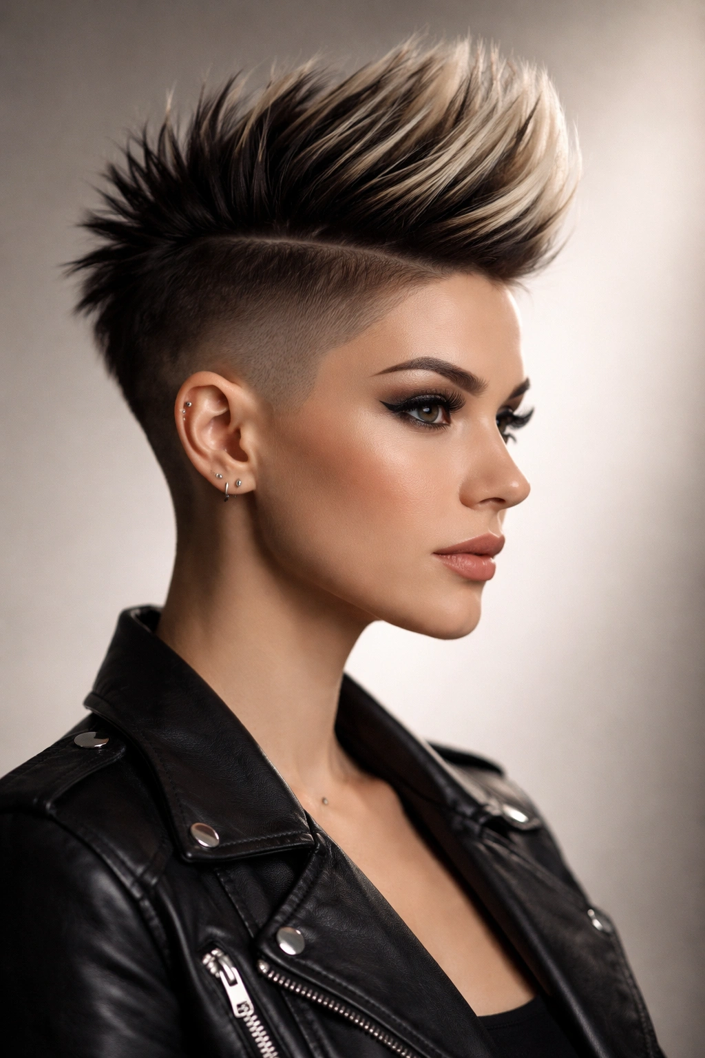 Close-up of a Mohawk Pixie with shaved sides and a tall central strip