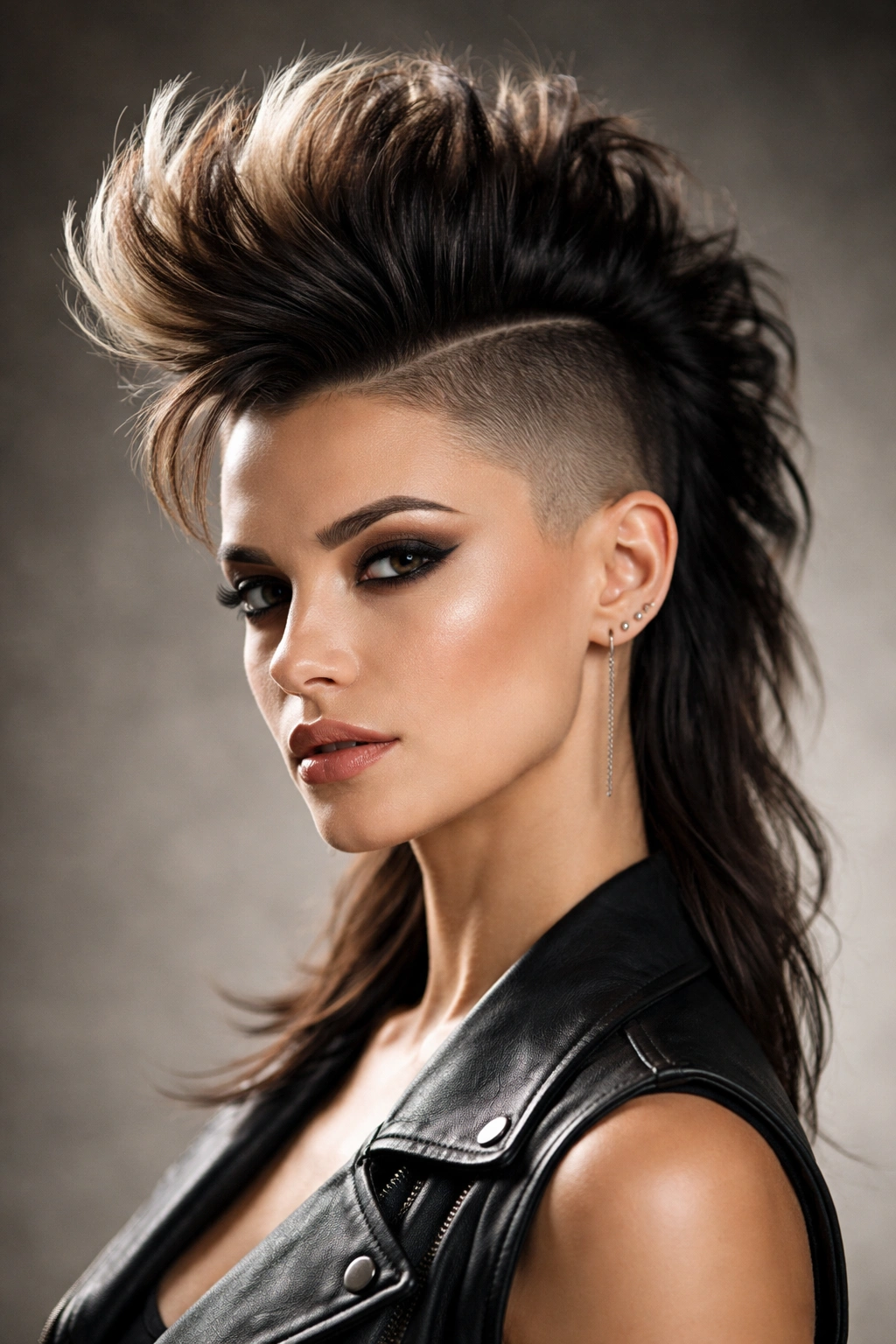 Portrait of a woman with a central mohawk and shaved sides, showing bold stripe contrast.