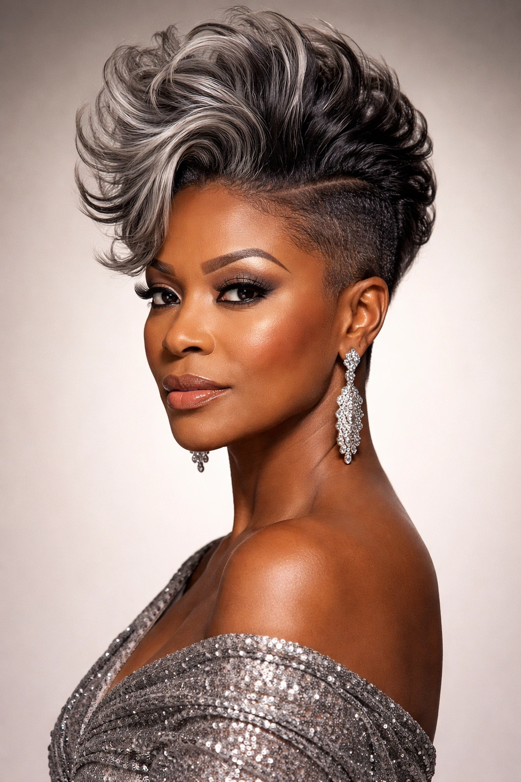 Black woman over 50 with a mohawk top and tapered sides in studio lighting