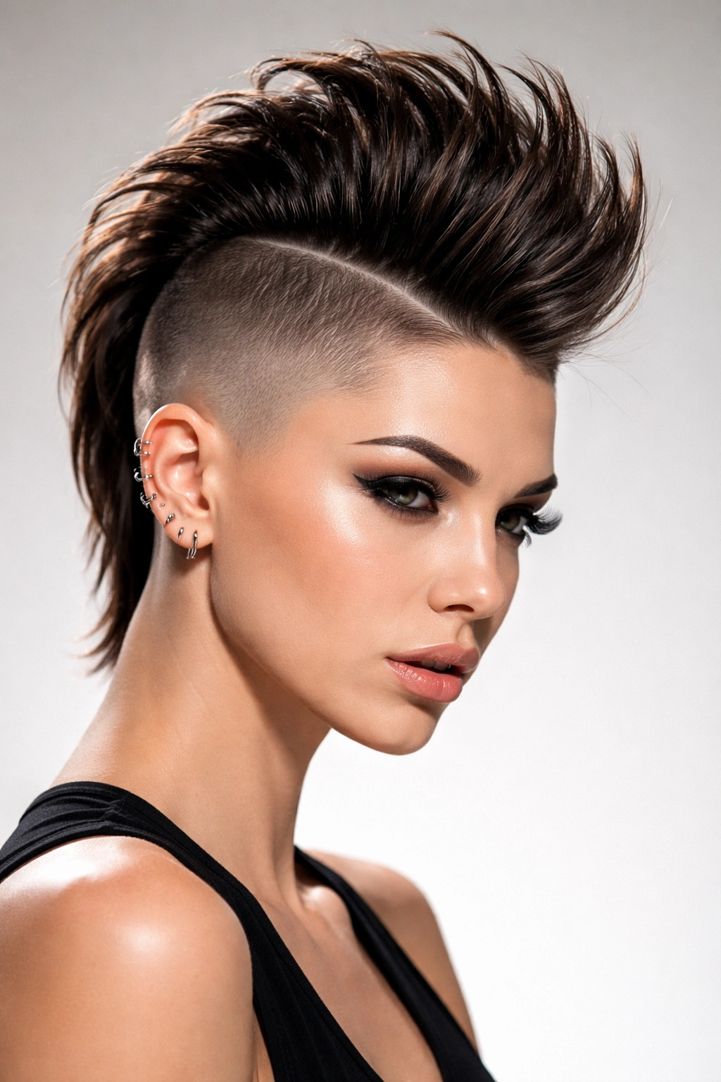 Mohawk undercut with a center strip and tapered sides, viewed from front/side