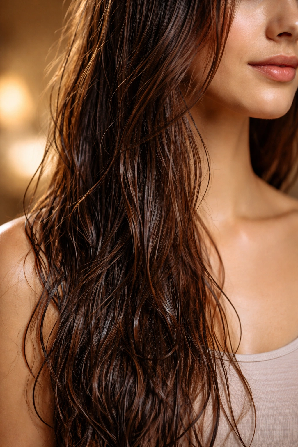 Damp glossy hair ready for straightening