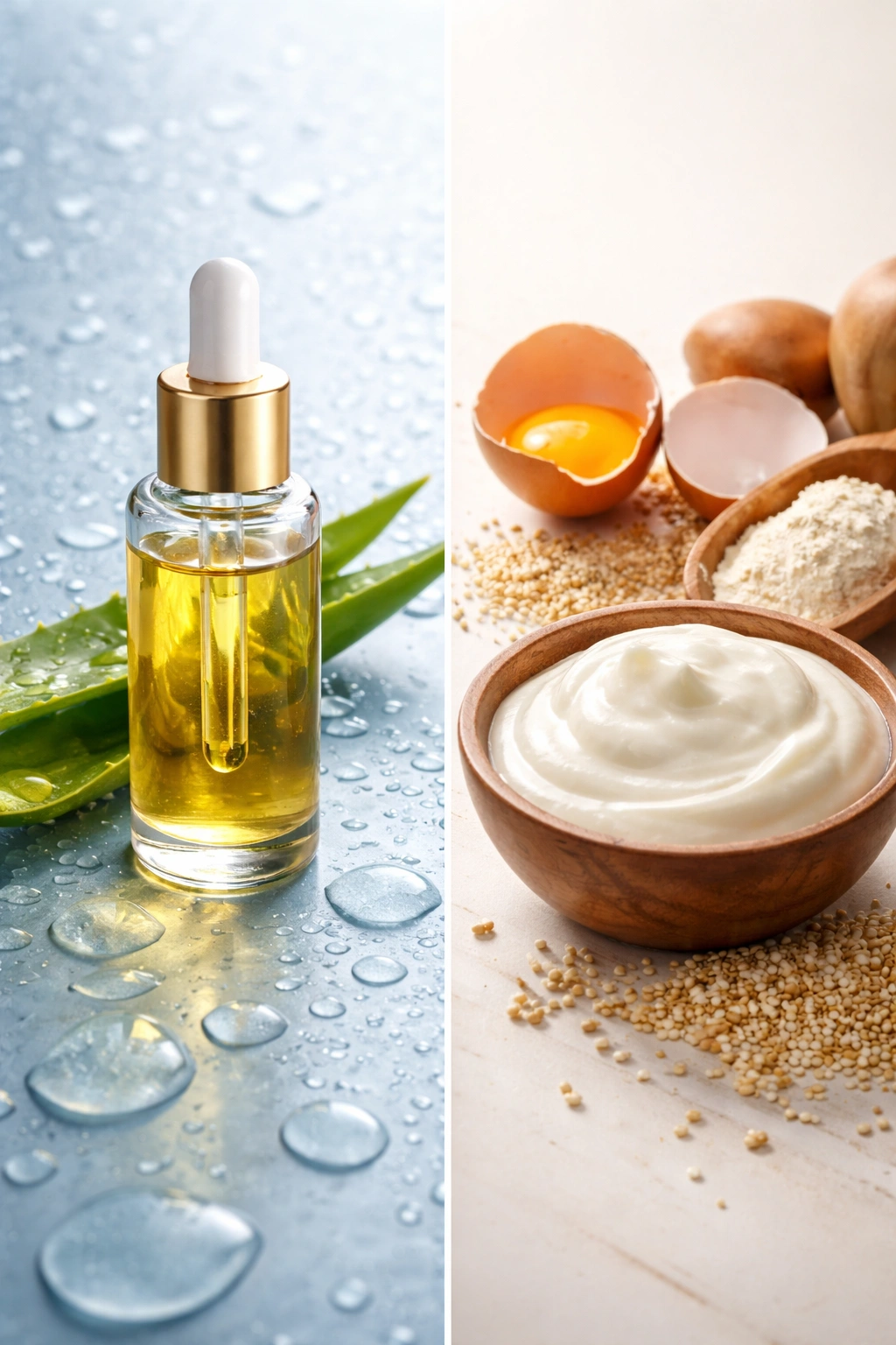 Split-screen showing moisture elements and protein source for hair health
