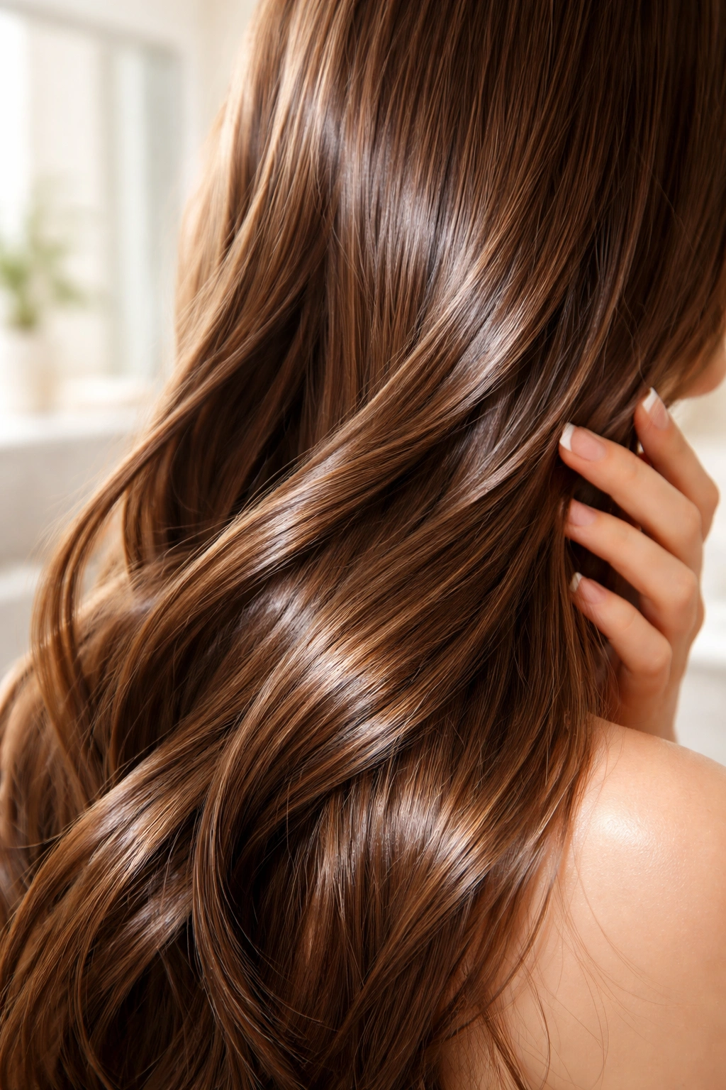 Close-up of glossy hair with natural shine, suggesting reduced washing and preserved scalp moisture