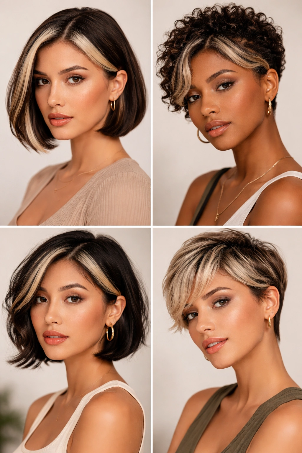 Diverse models with short hair featuring money piece highlights framing the face