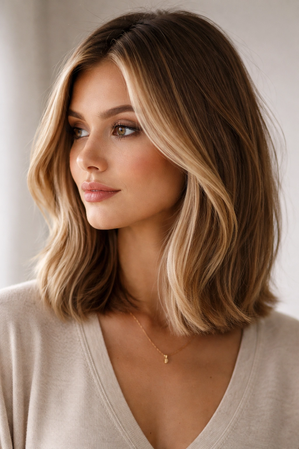 Long bob with subtle face-framing money pieces highlighted by soft light.
