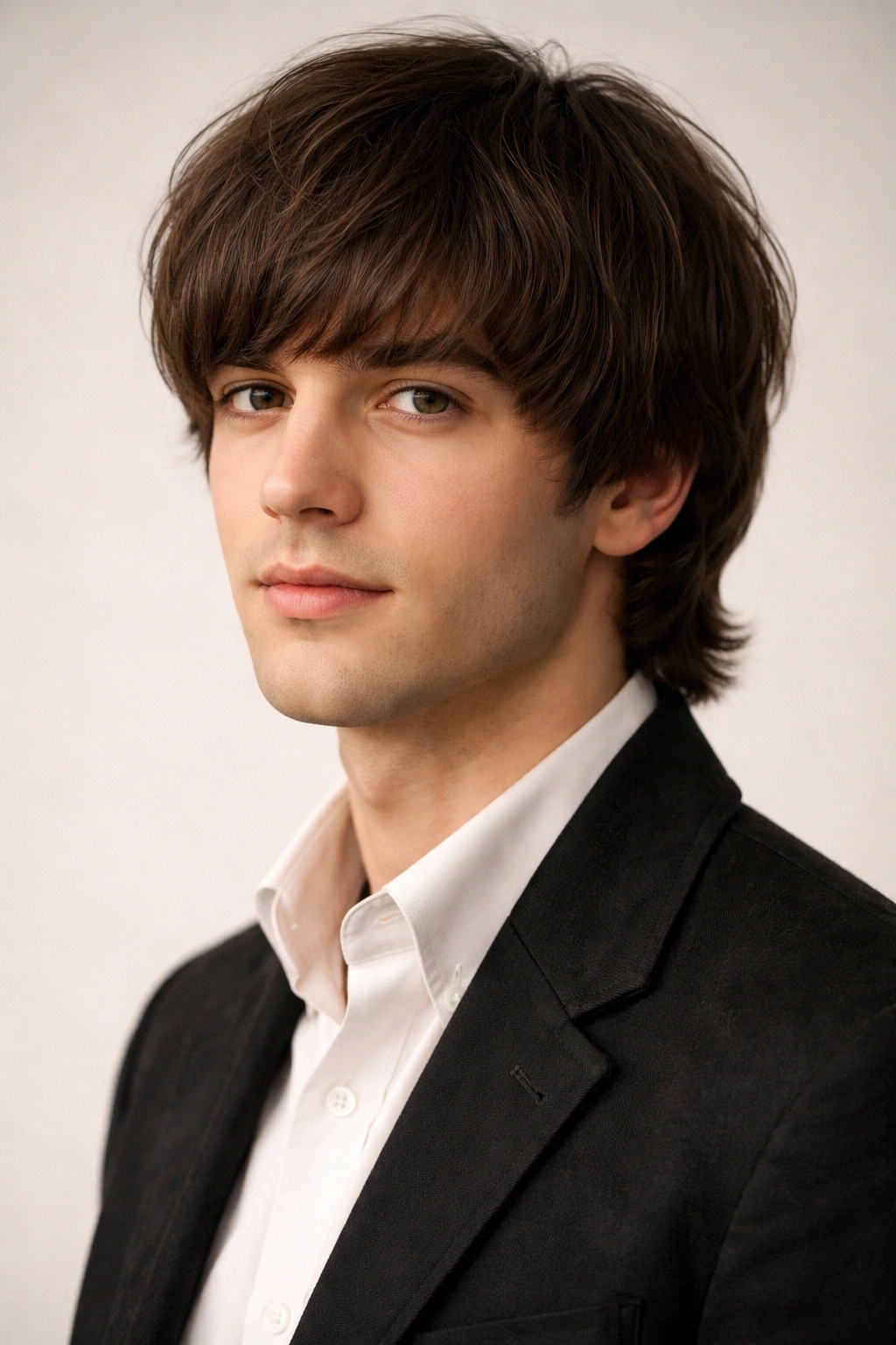 Close-up portrait of a man with a mop top hairstyle featuring fringe and rounded sides