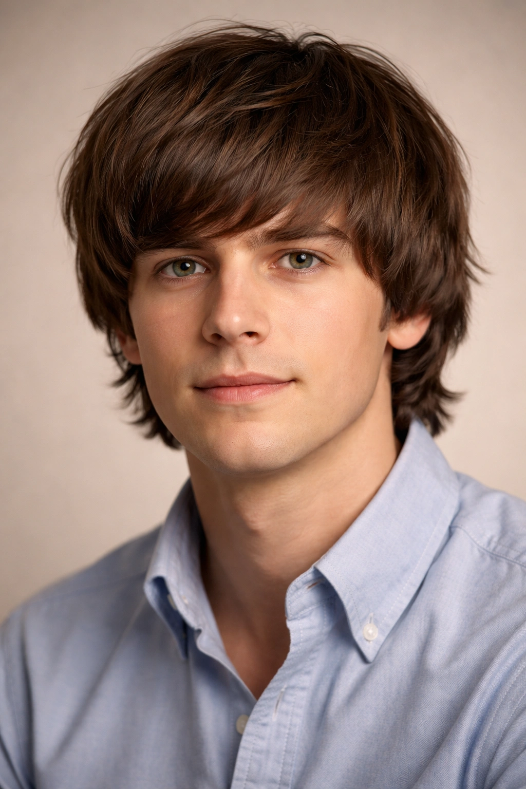 Close-up portrait of a man with The Mop Top hairstyle featuring fringe and rounded edges