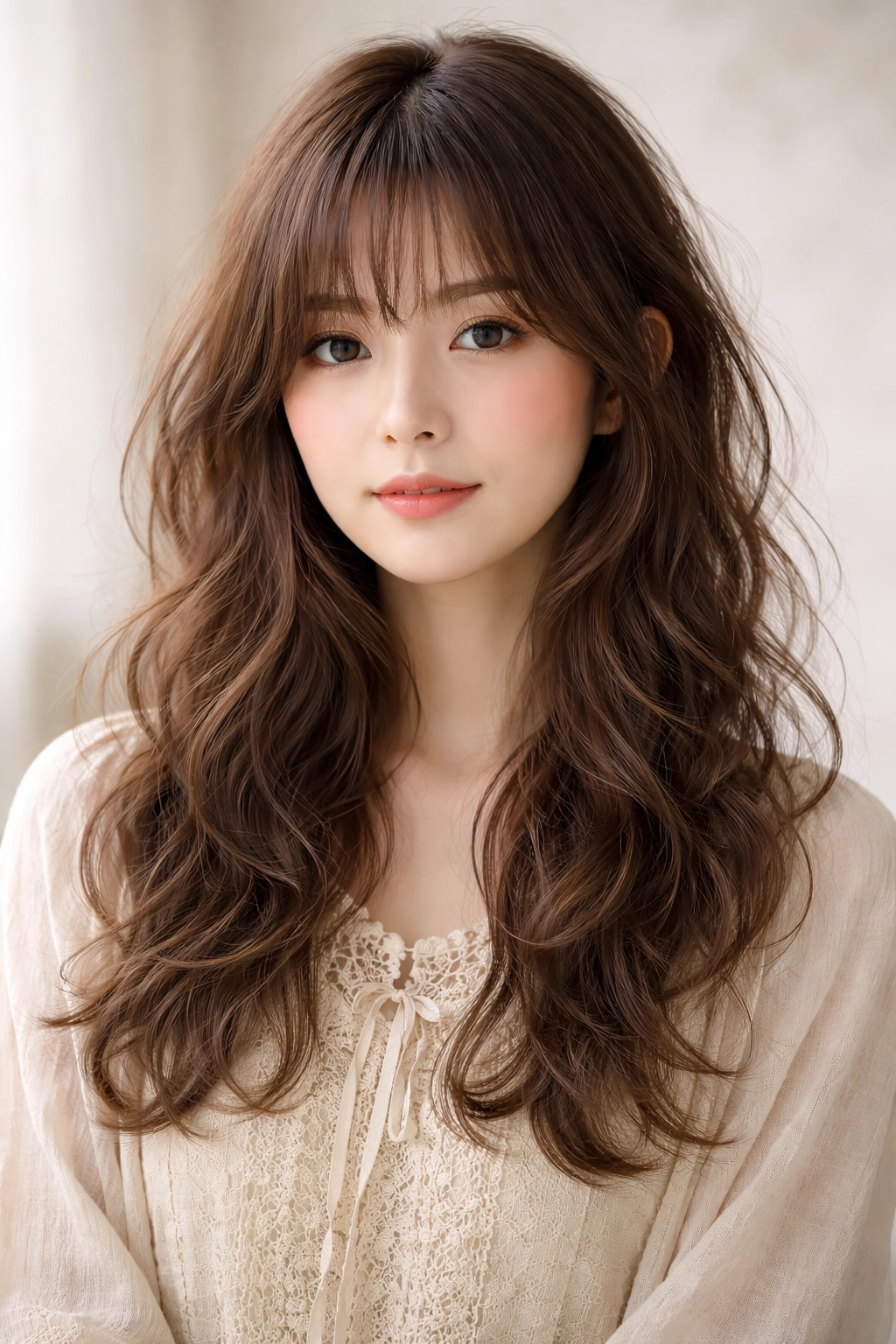 Mori Girl hairstyle with voluminous waves and layered texture.