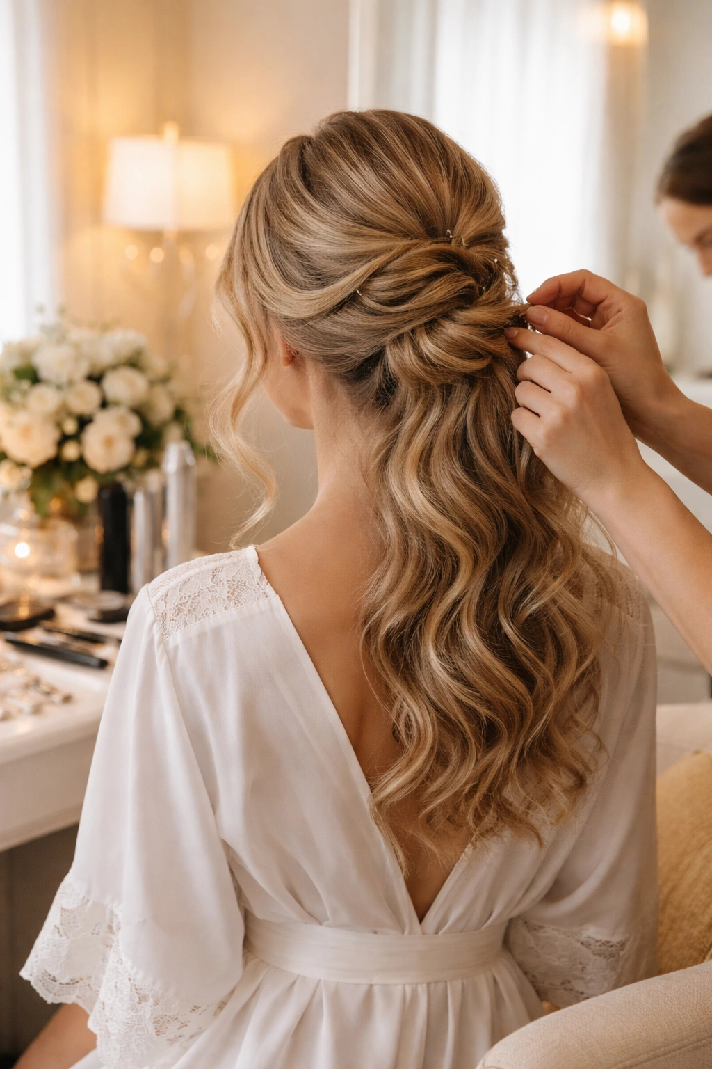 Bride's hair being styled in the bridal suite on the morning of the wedding.