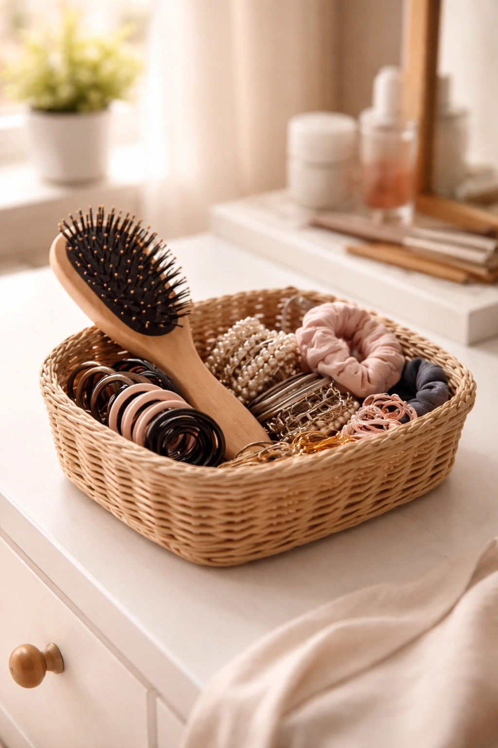 Close-up of a hair tool basket with elastics, pins, clips, and brush for quick school morning styling