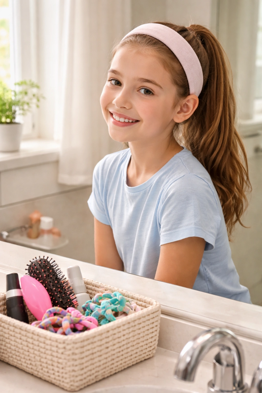 Tween girl getting a ponytail in a bright bathroom with hair accessories