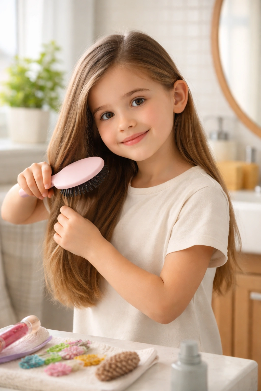 Child brushing hair in bright bathroom for easy morning styling