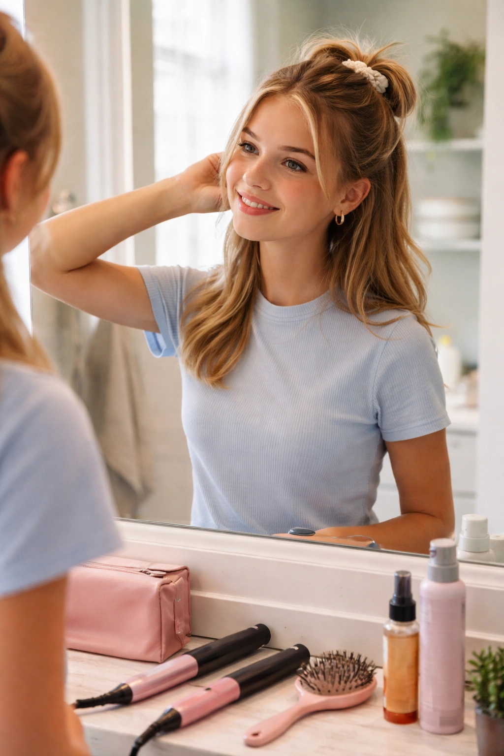 Teen in bright bathroom showing quick morning hairstyle