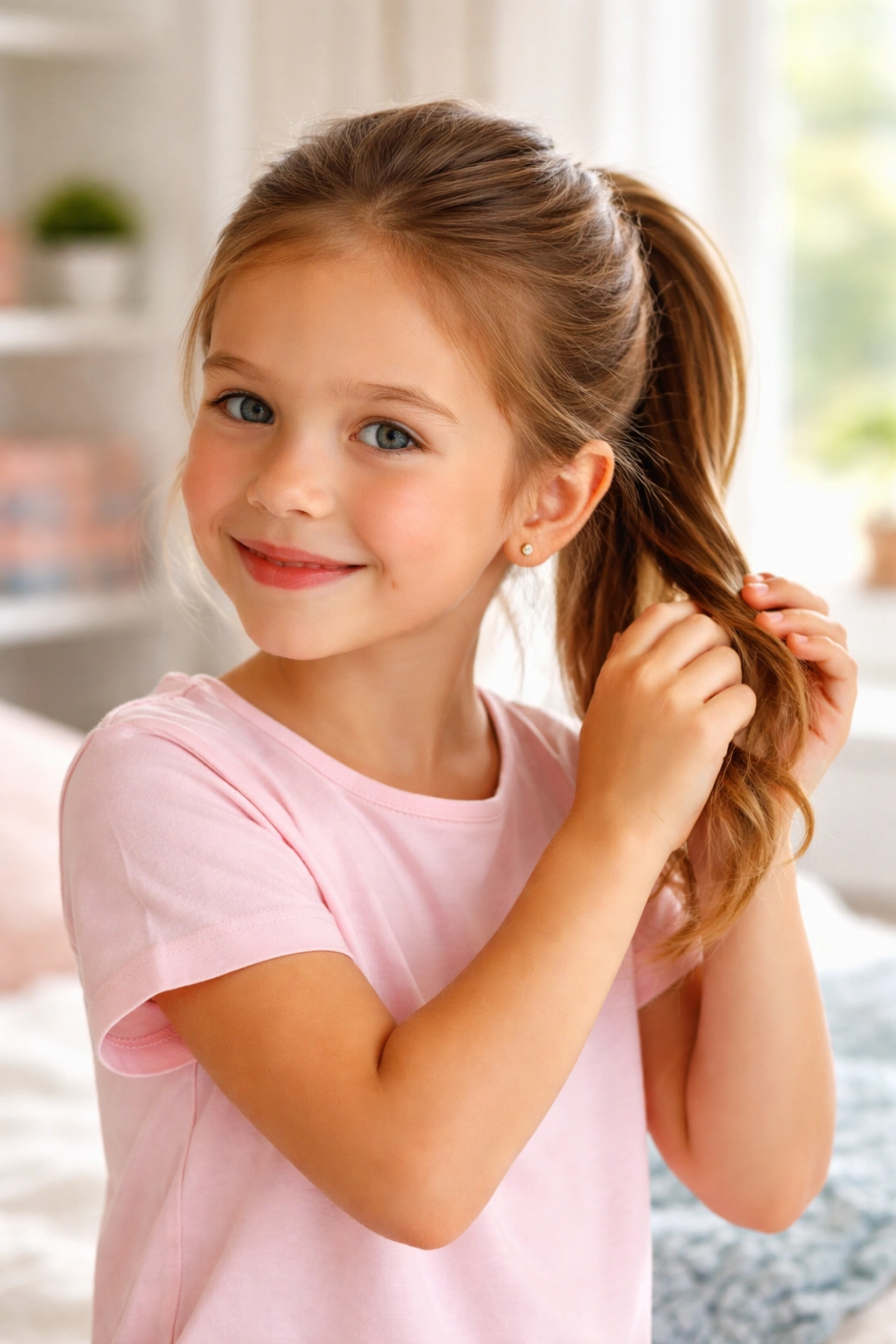 Smiling girl finishing a simple ponytail with a small twist