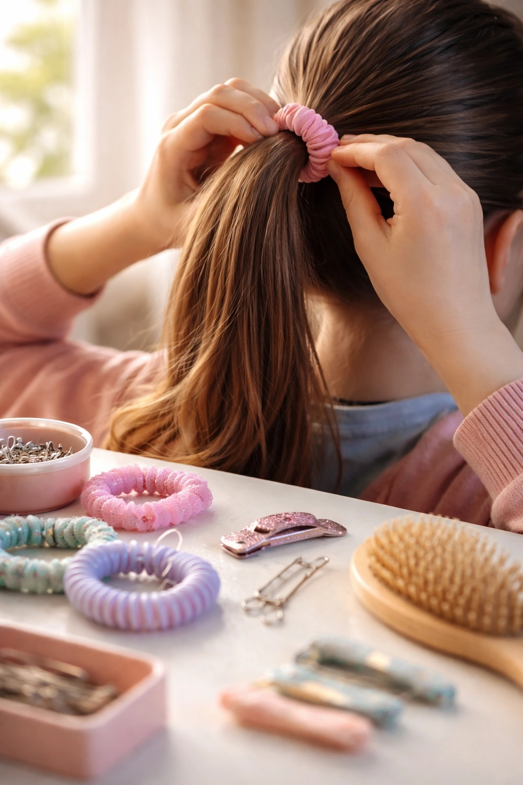 Tween hands arranging a simple ponytail with a clip