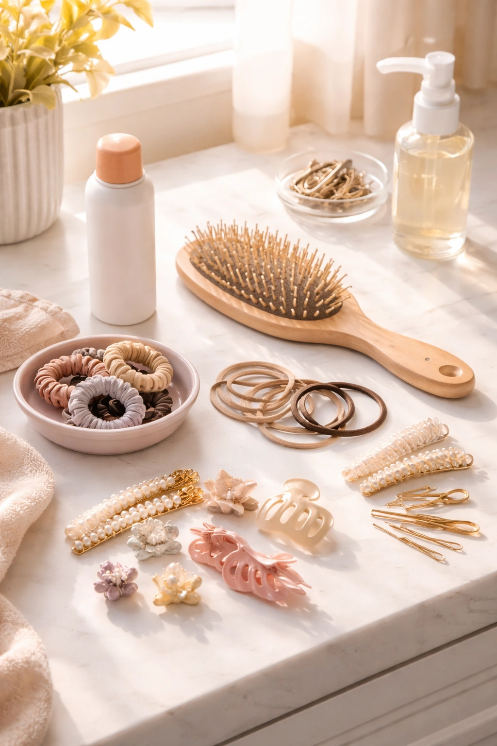 Still-life of hair tools arranged on a clean counter with warm morning light