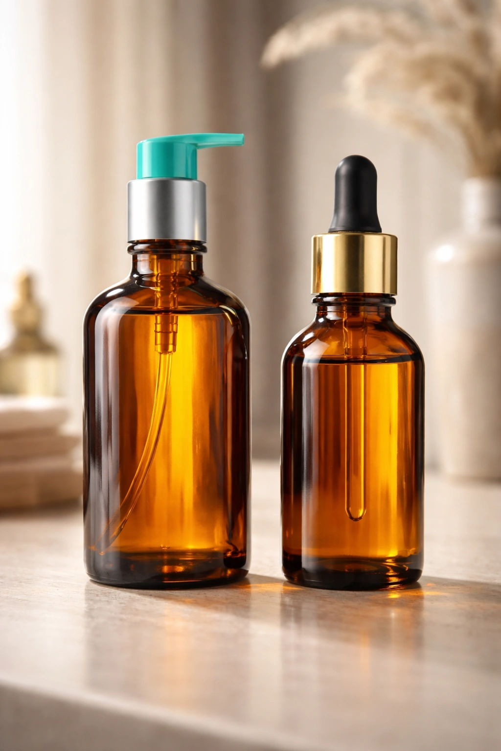 Moroccanoil bottle and generic argan oil bottle on neutral surface