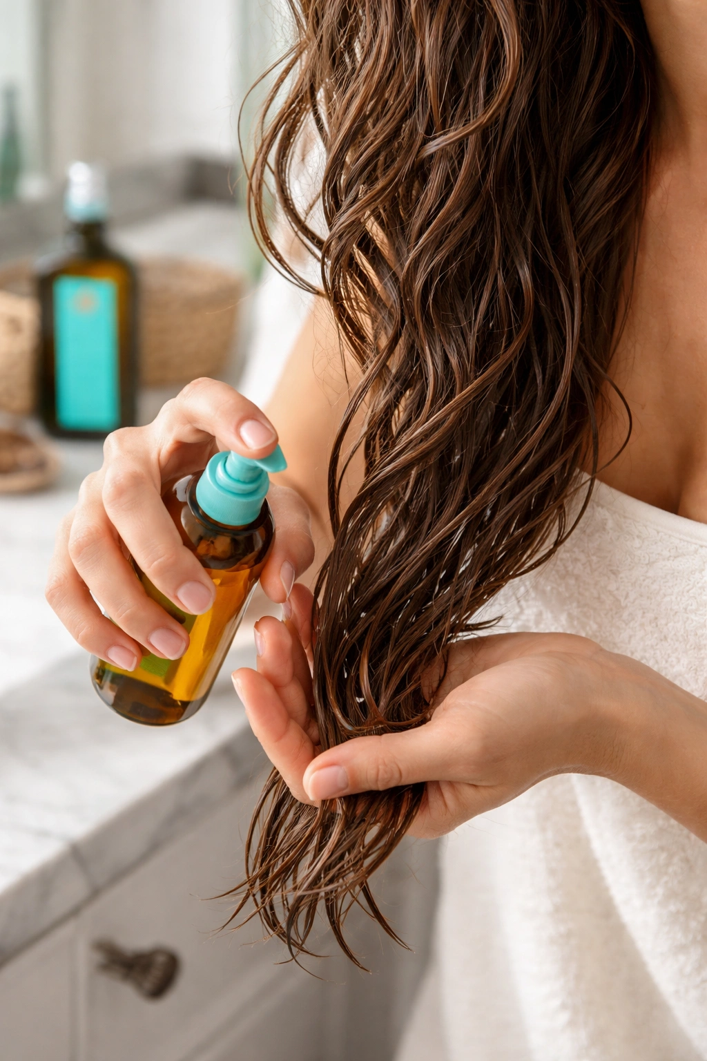 Hands applying Moroccanoil to damp hair mid-length to ends