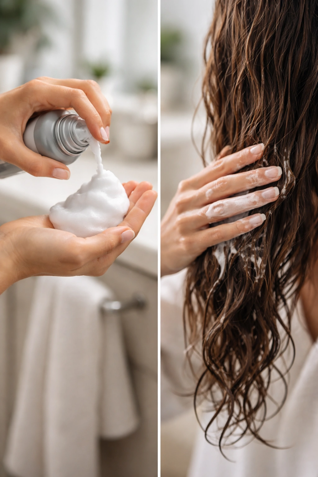 Close-up of hands applying mousse to damp hair in a bathroom