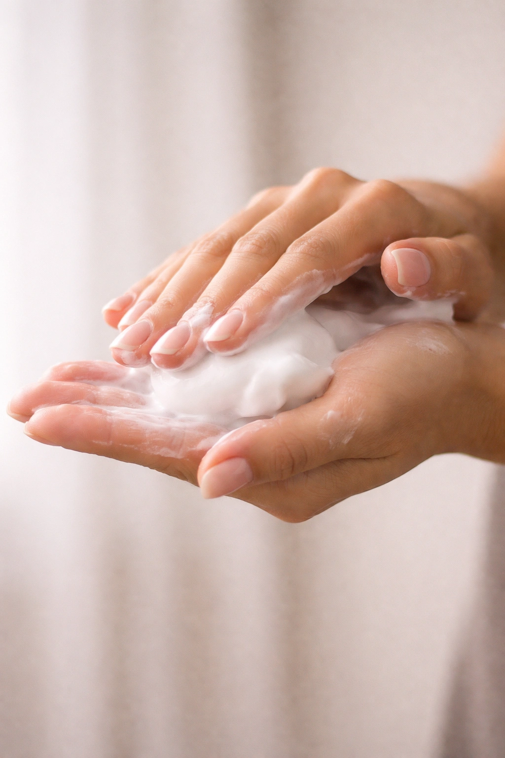 Hands emulsifying mousse between palms in a clean studio setting