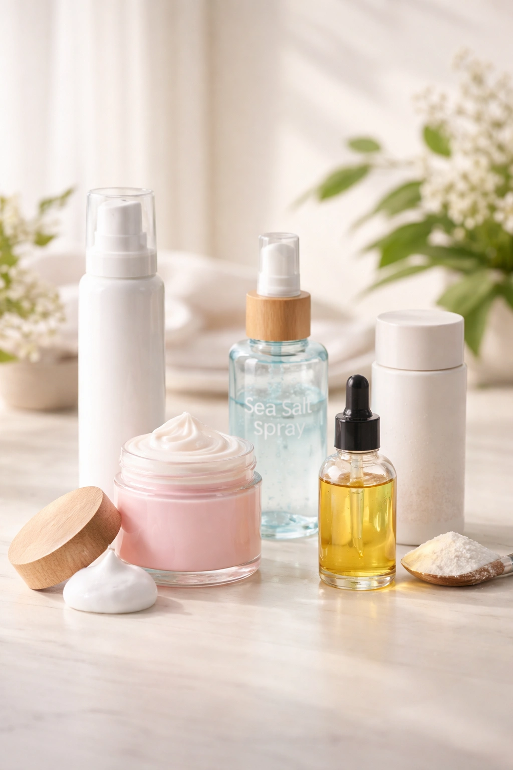 Assortment of alternative hair styling products on a clean surface