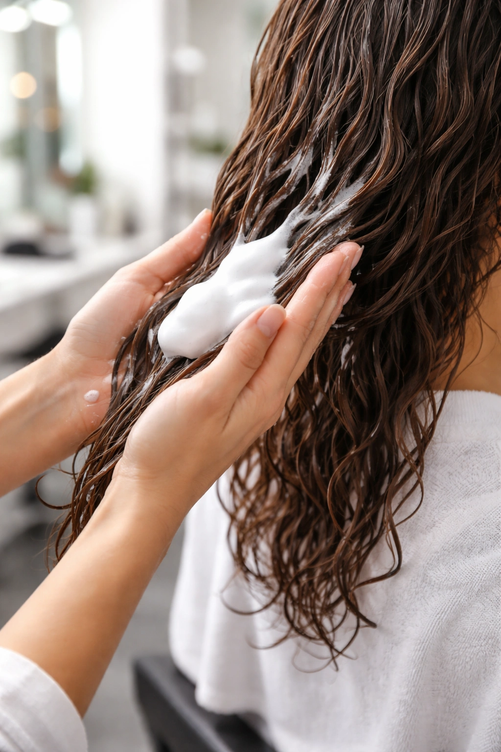 Hand with mousse on palm distributing through damp hair