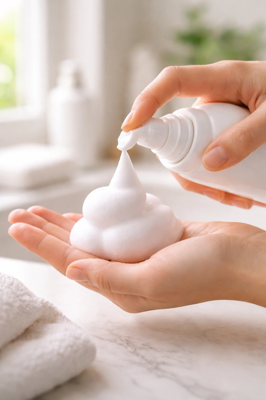 Close-up of mousse foam dispensed onto a hand from an unlabeled bottle, highlighting lightweight hold.