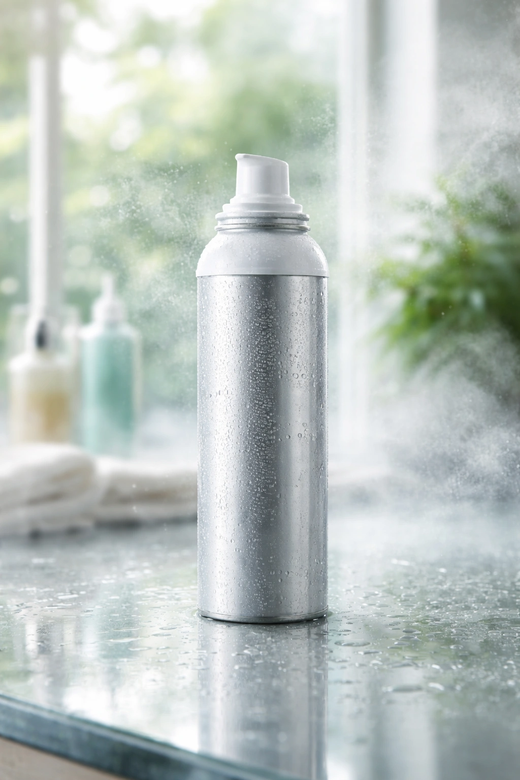 Close-up of a mousse can with humid air and condensation illustrating environmental factors affecting hair products.