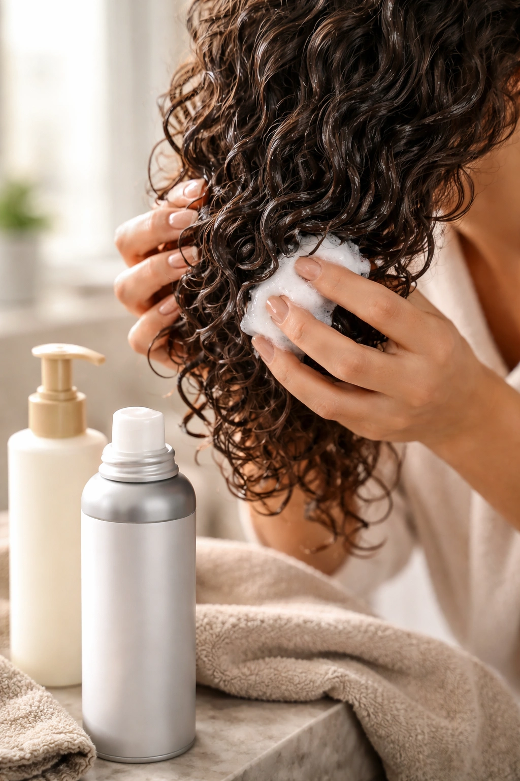 Close-up of hands applying mousse to damp curly hair for layering technique