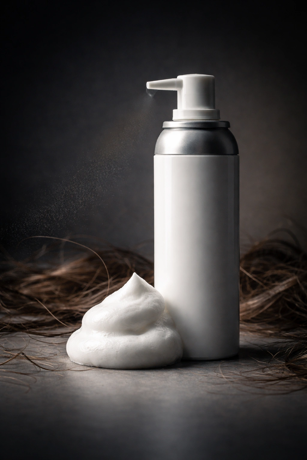 Close-up of mousse bottle with moody lighting to imply risk