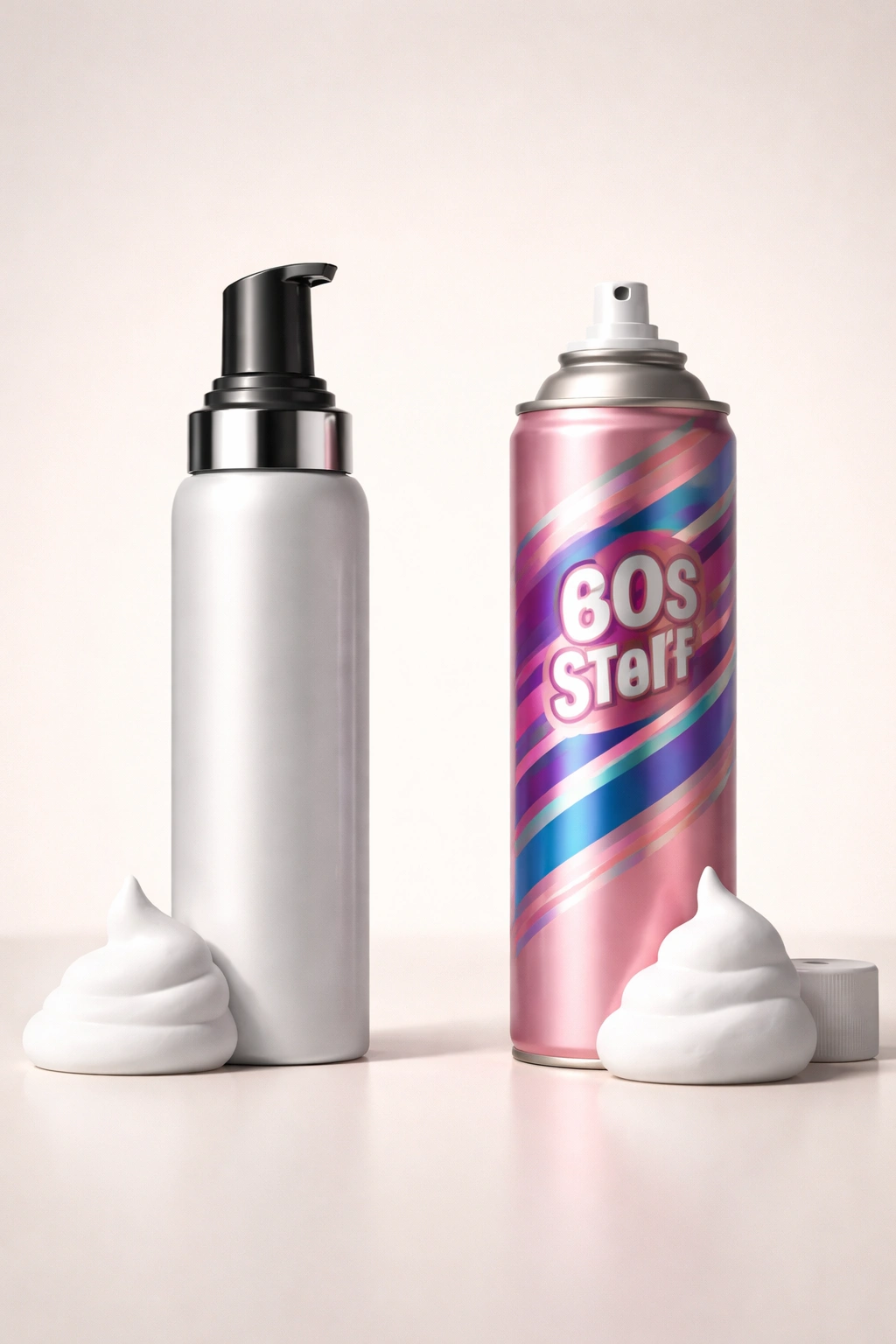 Comparison image of modern pump mousse and vintage aerosol mousse shapes on a neutral background