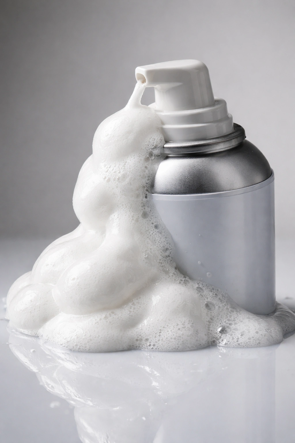 Close-up of mousse foam overflowing from a bottle on a neutral studio surface, illustrating over-application.