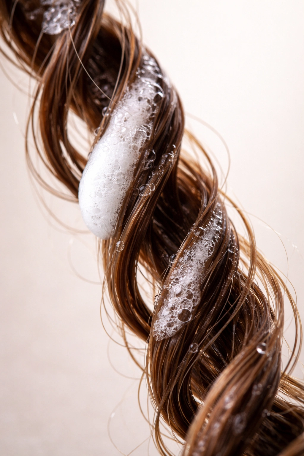 Macro shot of a damp hair strand with mousse forming a sticky residue.