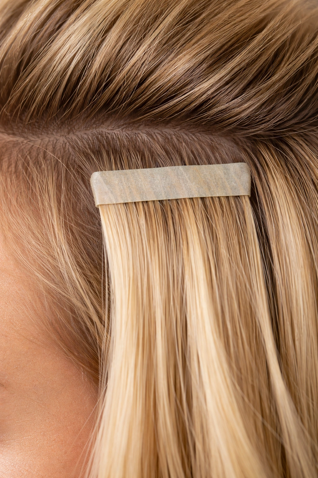 Close-up of growth between scalp and tape extensions indicating move-up timing