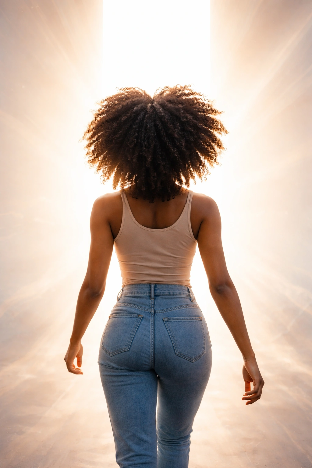 Person with natural hair stepping toward a bright opening, symbolizing progress.
