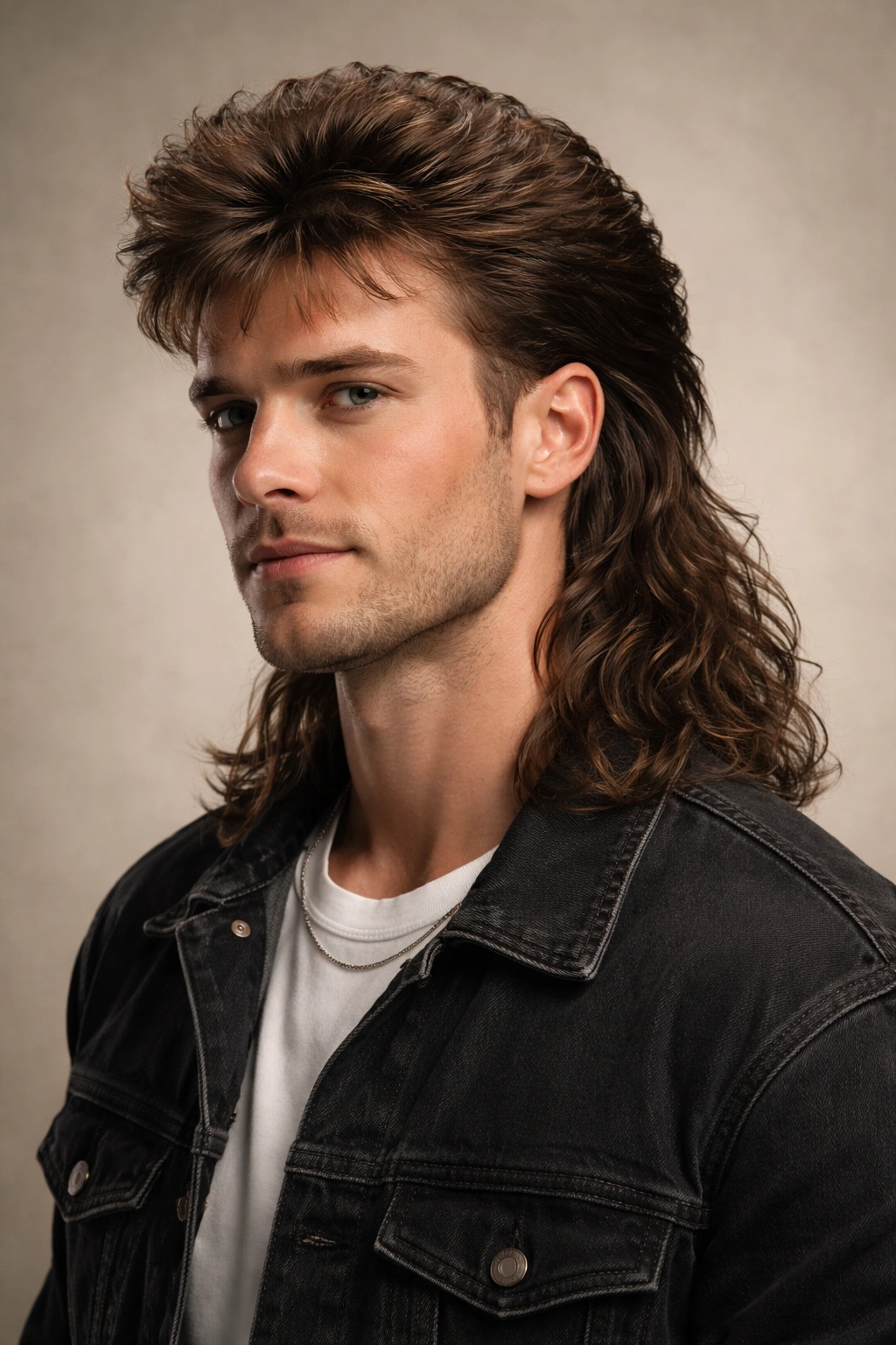 Close-up portrait of a man with a classic mullet featuring short front and sides and a long back under studio lighting