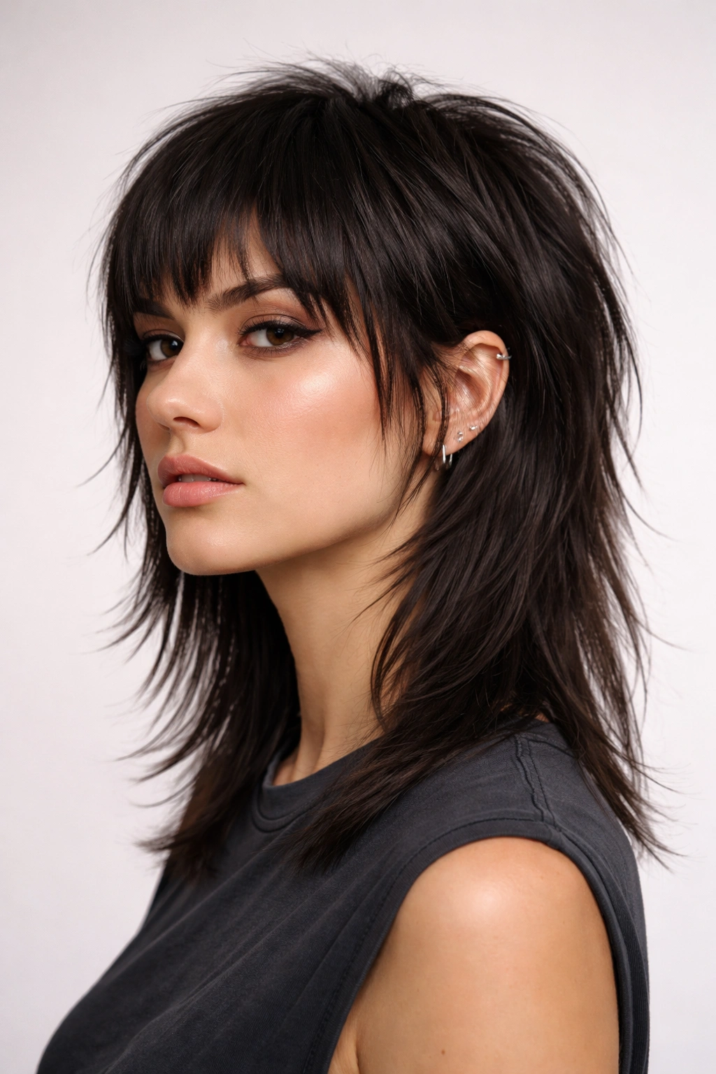 Mullet bob hairstyle with short front and long back for bold silhouette