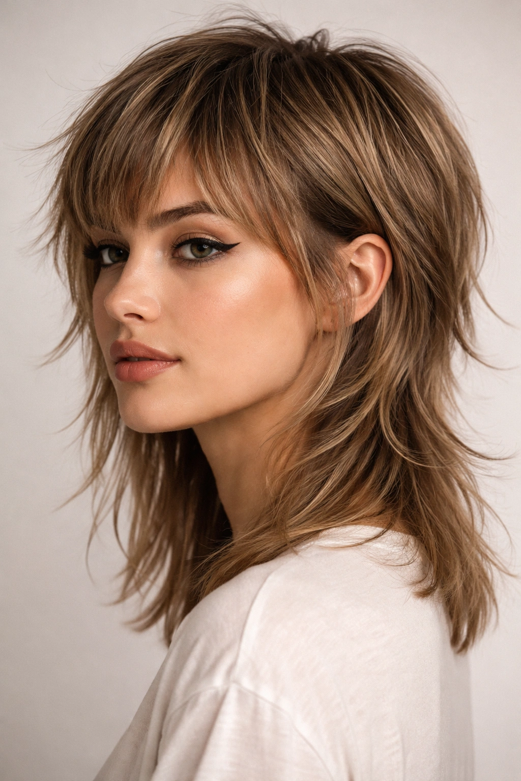 Close-up portrait of a model with a mullet bob showing voluminous top and longer underneath layers