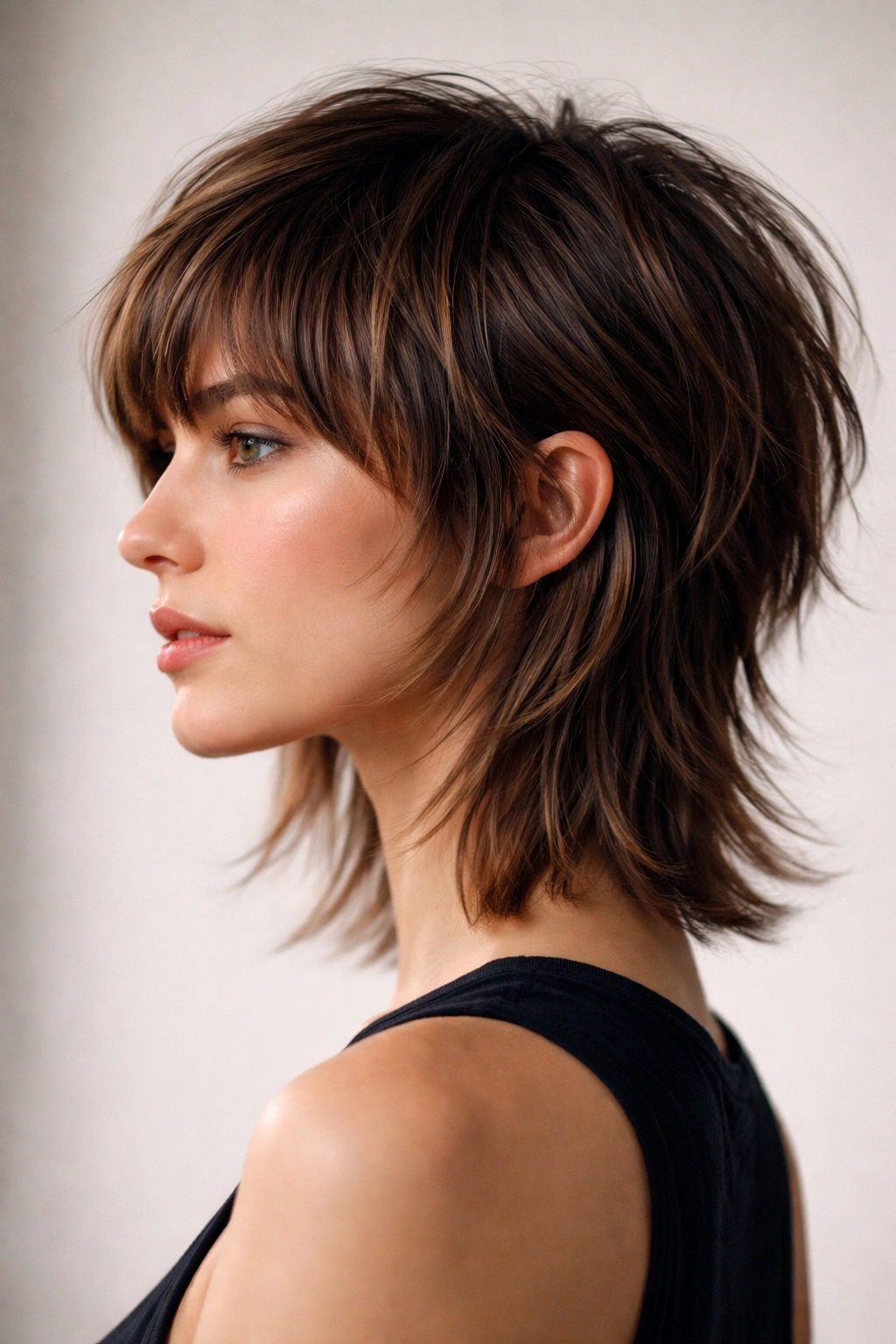 Side profile of a modern mullet bob with short top and longer bottom
