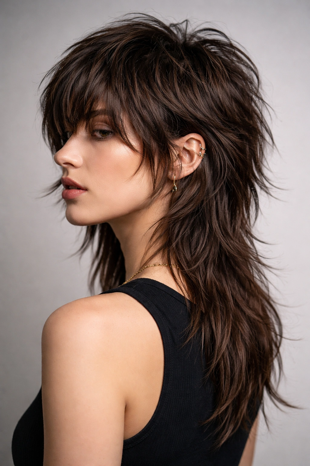 Side-profile of thick hair with choppy layered mullet and longer back showing movement