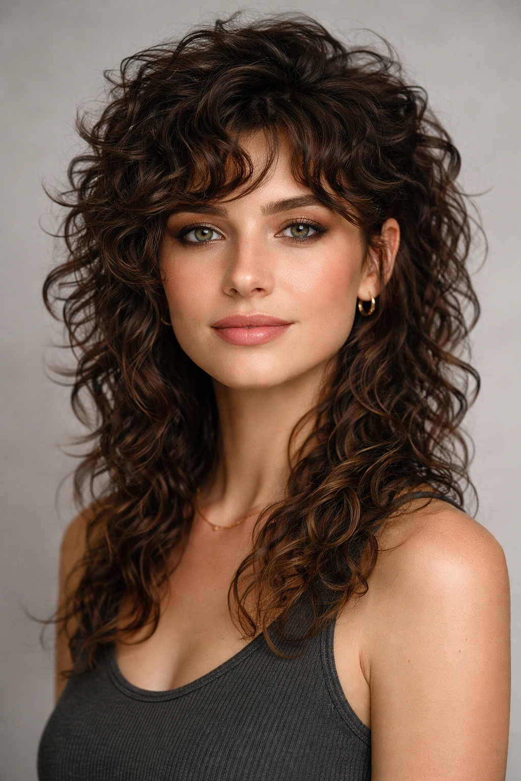 Close-up of a person with a modern curly mullet featuring stacked crown curls and longer back curls