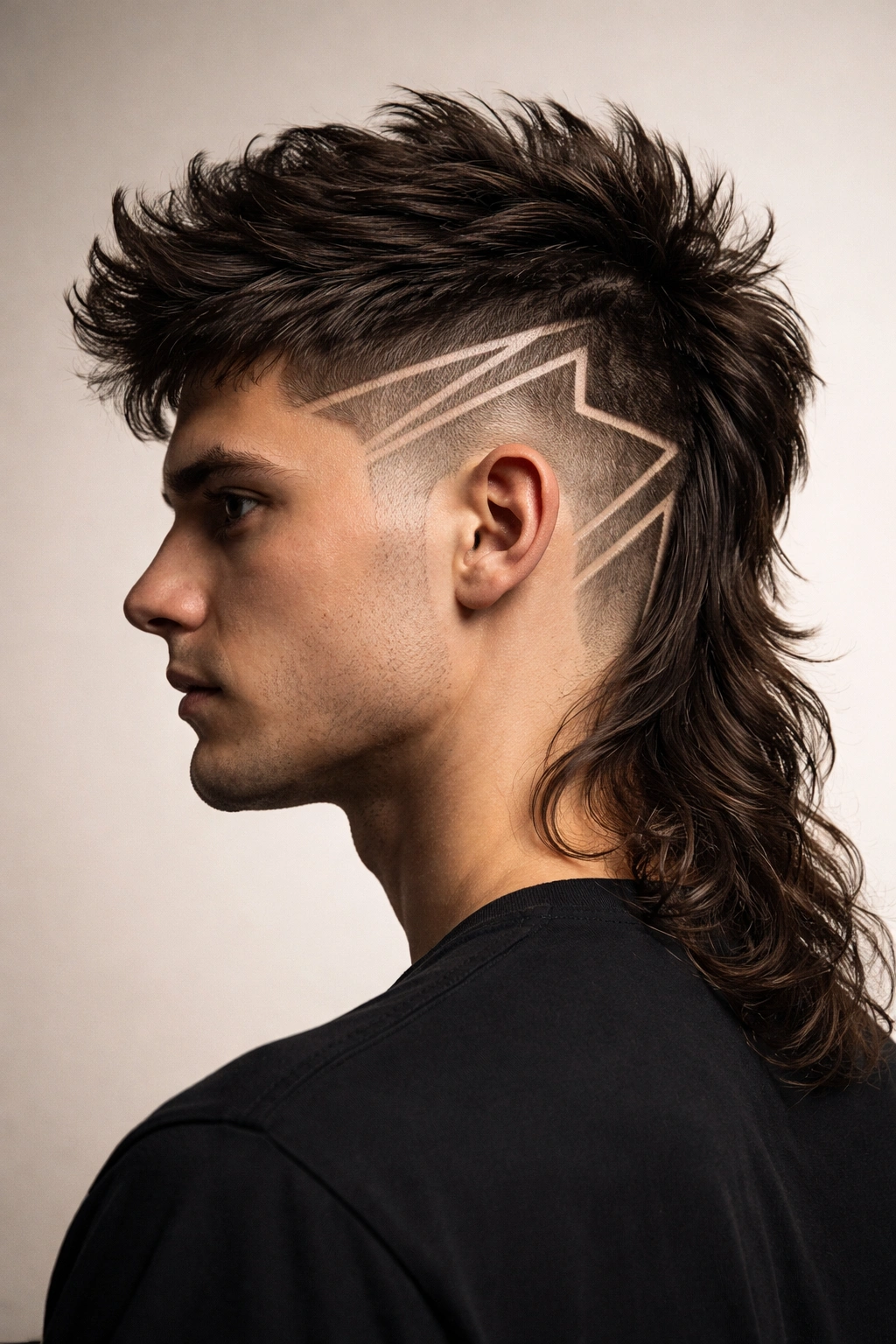 Close-up side profile of a mullet with shaved line designs on the sides