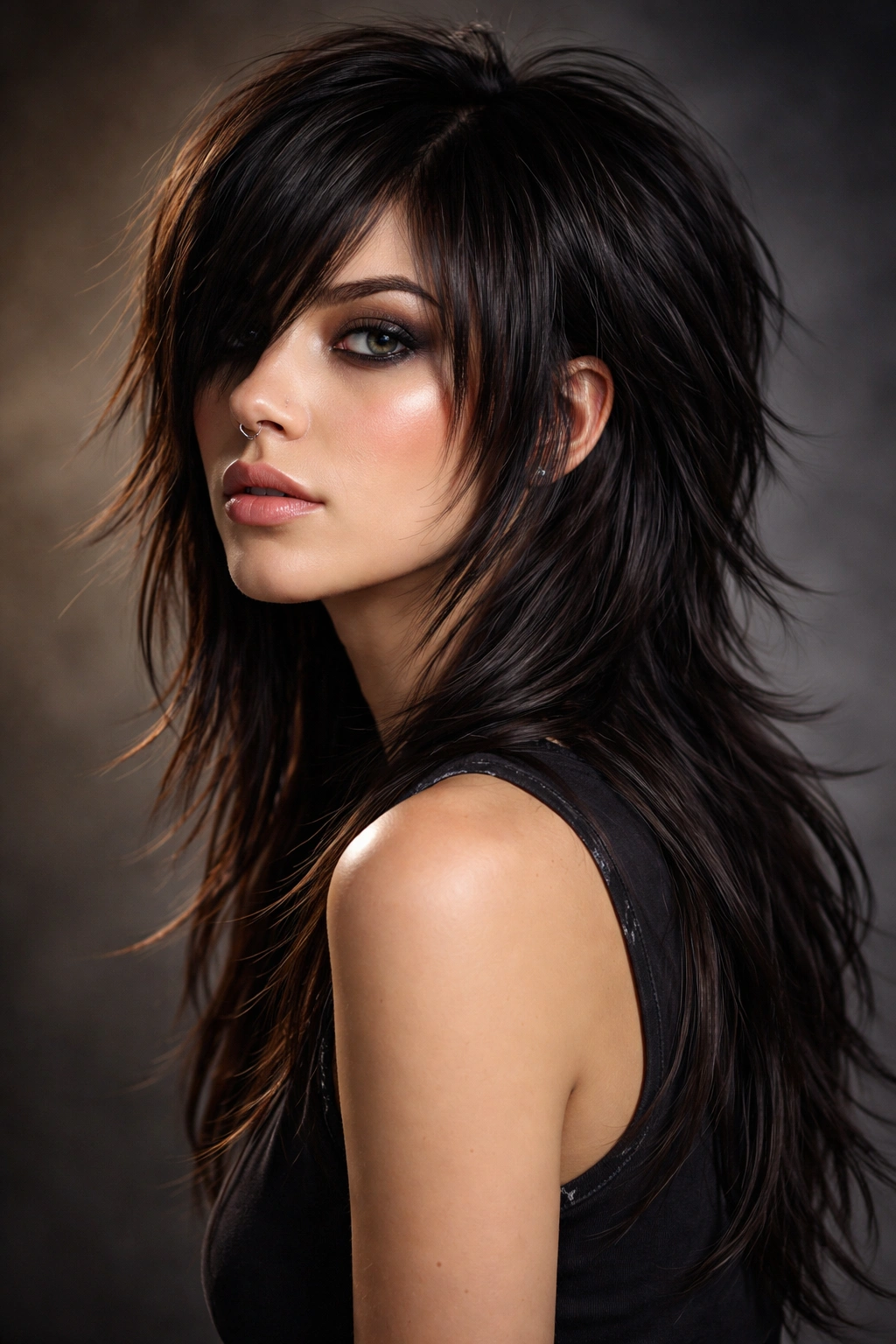Emo-inspired mullet portrait with face-framing layers and long back