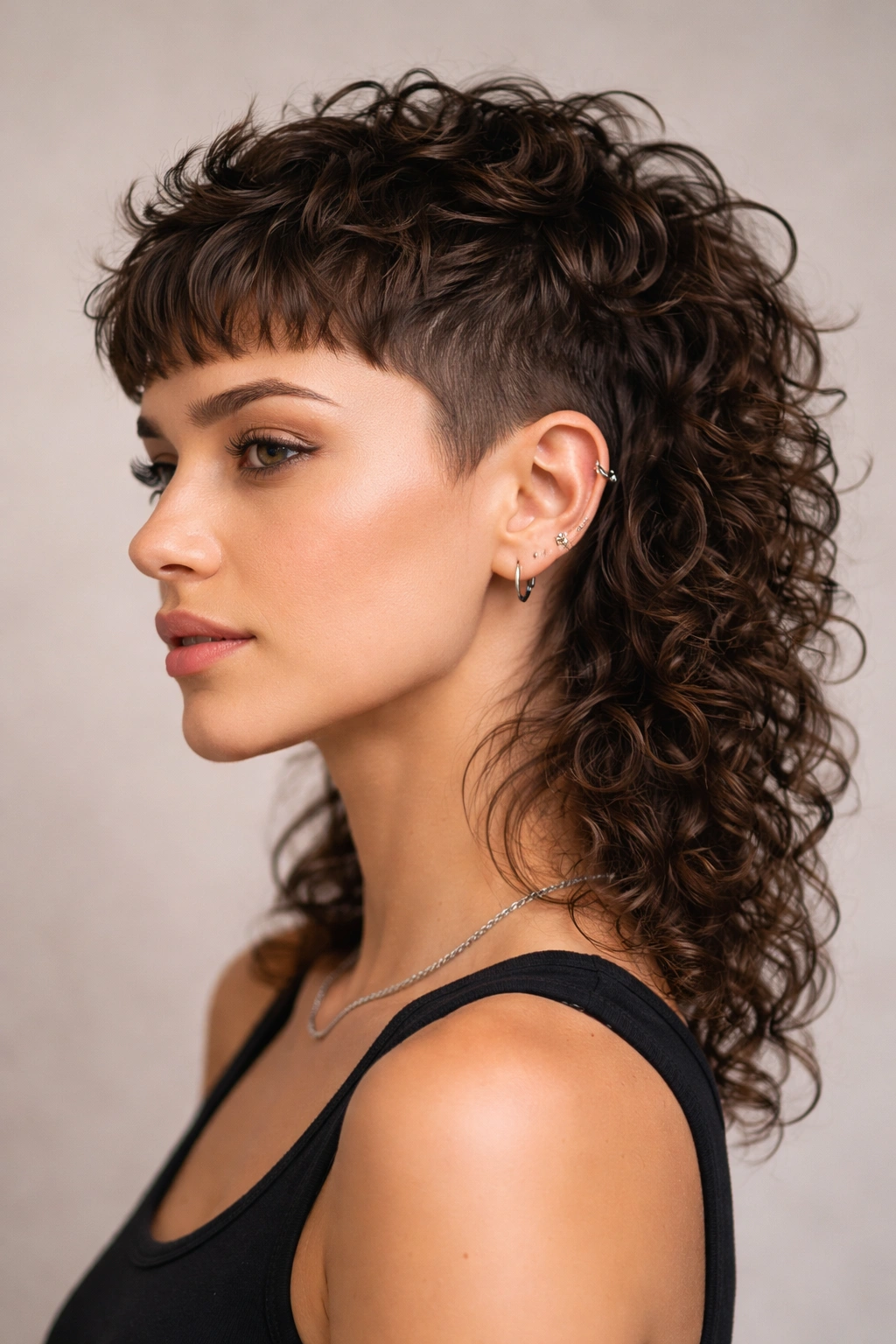 Close-up portrait of a person with a modern mullet fade on curly hair