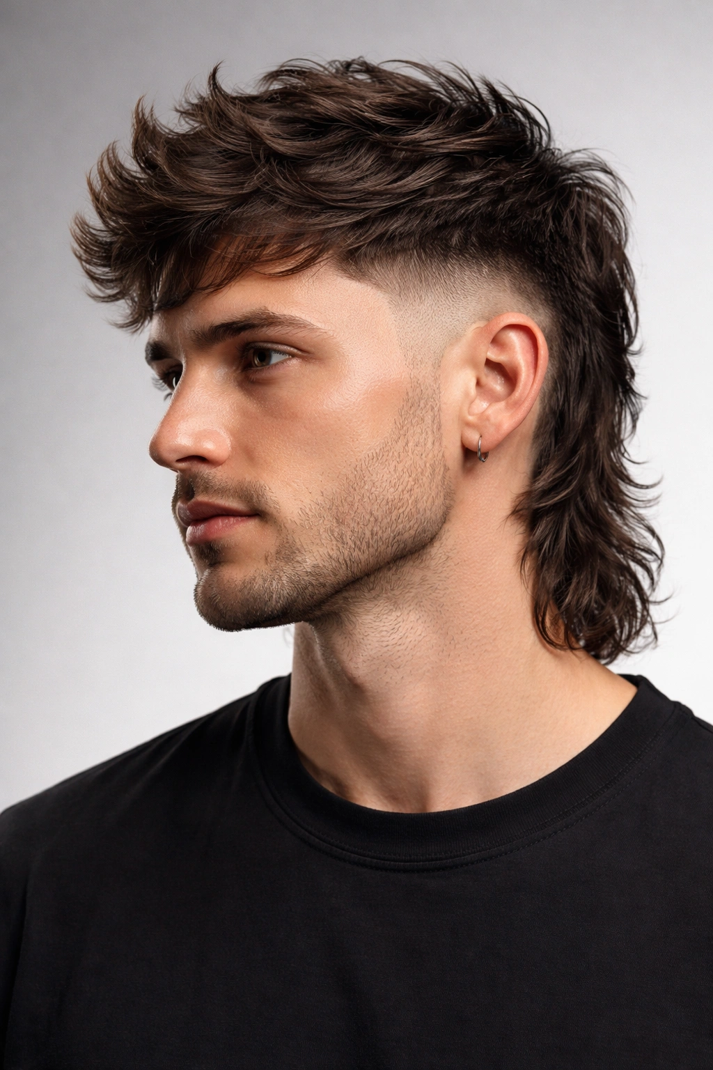 Portrait of a modern mullet fade with low-mid fade and textured top