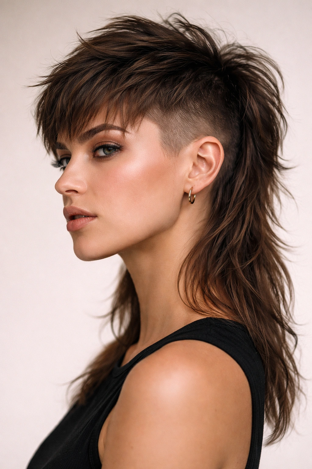 20 Flattering Mullet Cuts Women Are Requesting 12 Portrait of a woman with mullet and fade sides showing a smooth gradient from shaved to longer back